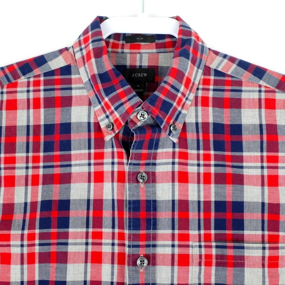 J Crew Slim Fit Red Blue Plaid Long Sleeve Casual Shirt MD Medium 100% Cotton